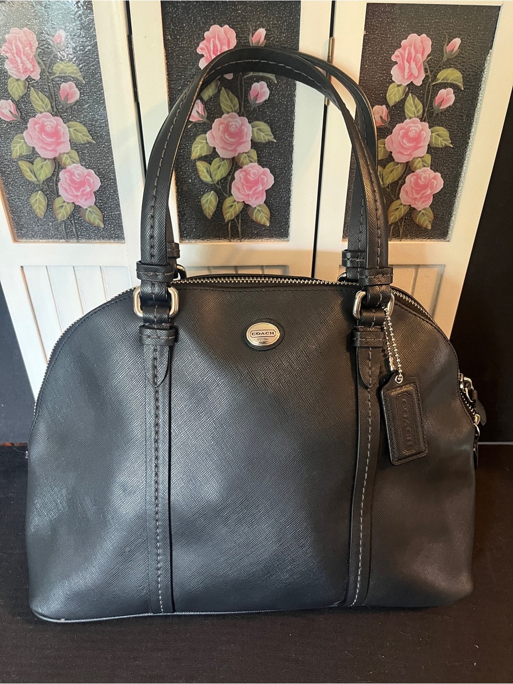 Coach Peyton Cora Domed Black Leather Satchel